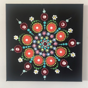 Dot painting mandala in red, turquoise and yellow on a black canvas, by Maureen Kerr' and 'Dot painting of a tree under a rainbow sun, by Maureen Kerr